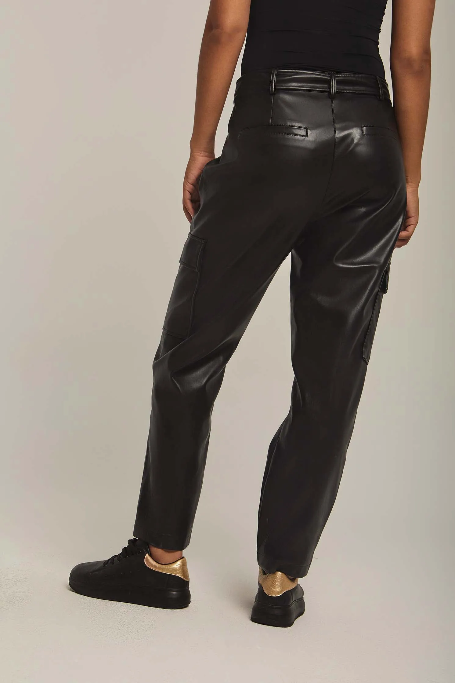Women Pants Straight Fit Belted Leather Black