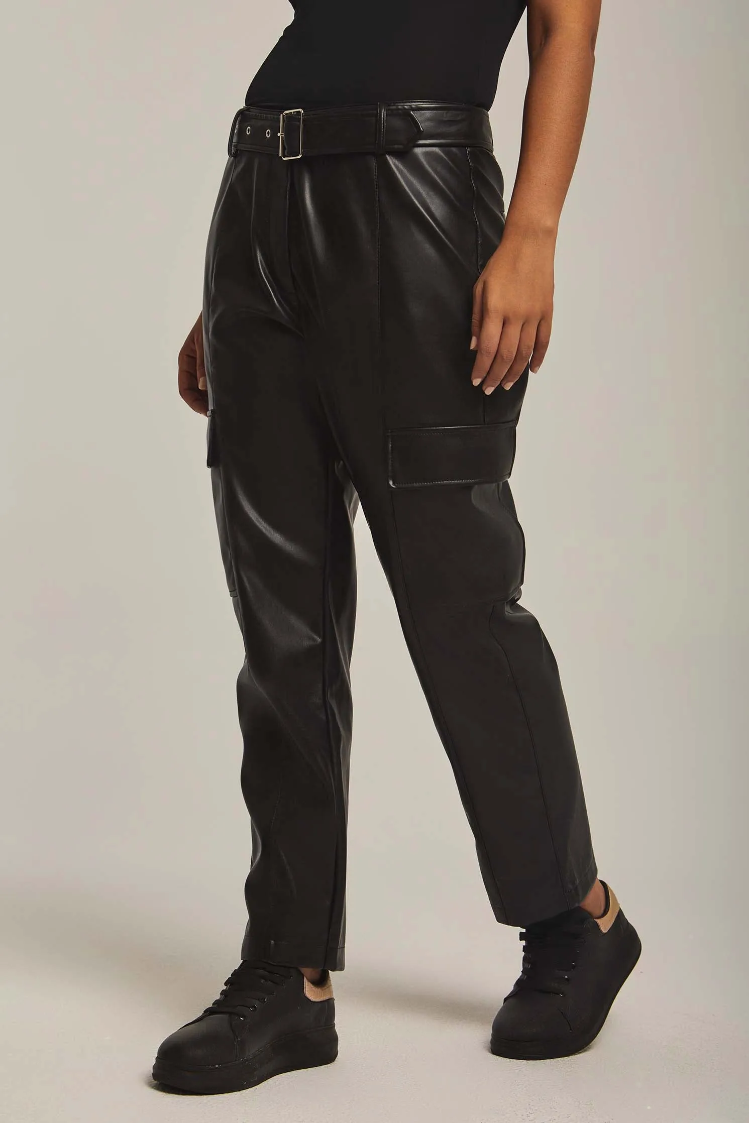 Women Pants Straight Fit Belted Leather Black