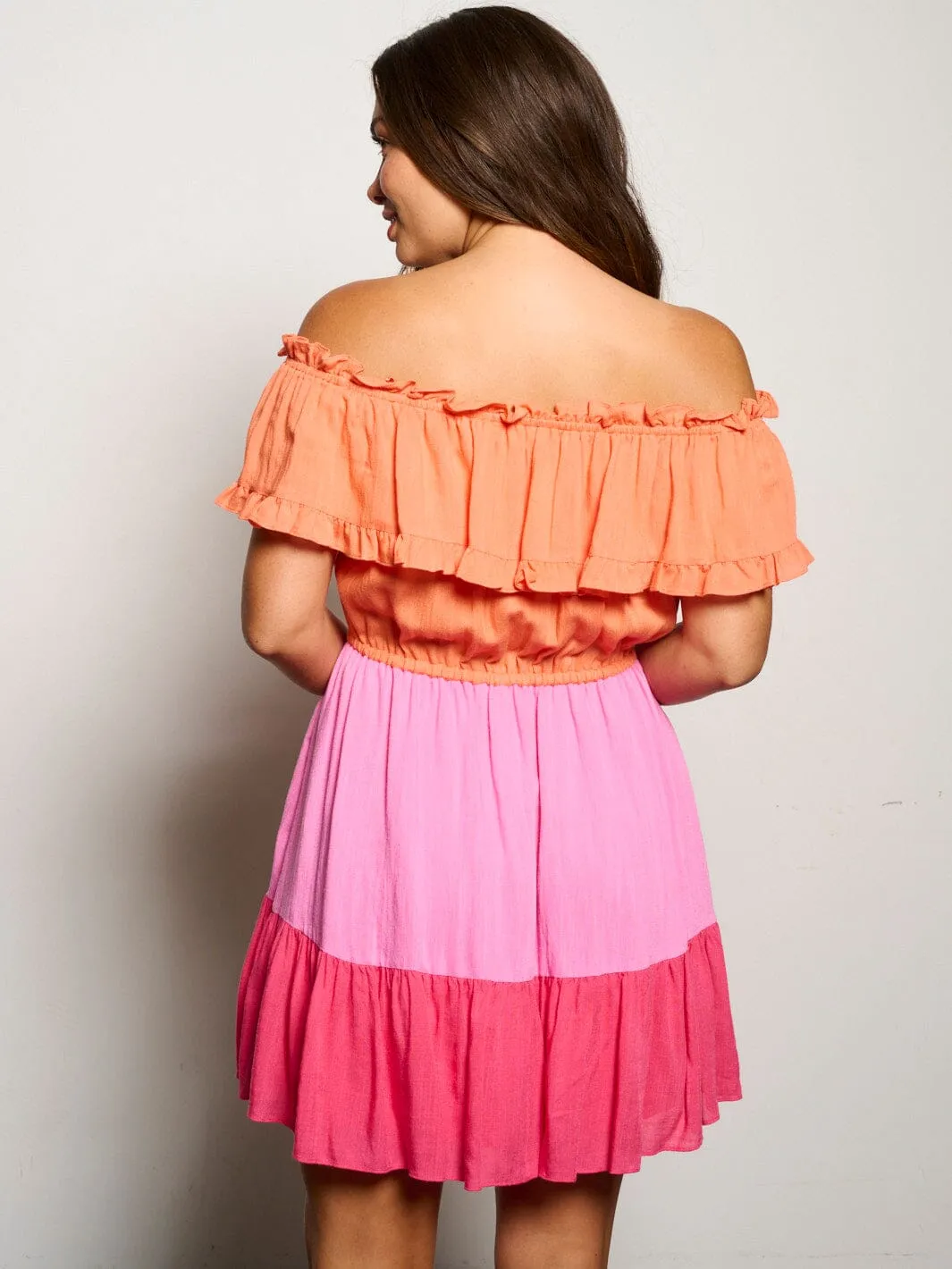 WOMEN'S OFF SHOULDER ELASTIC WAIST COLORBLOCK TIERED MINI DRESS