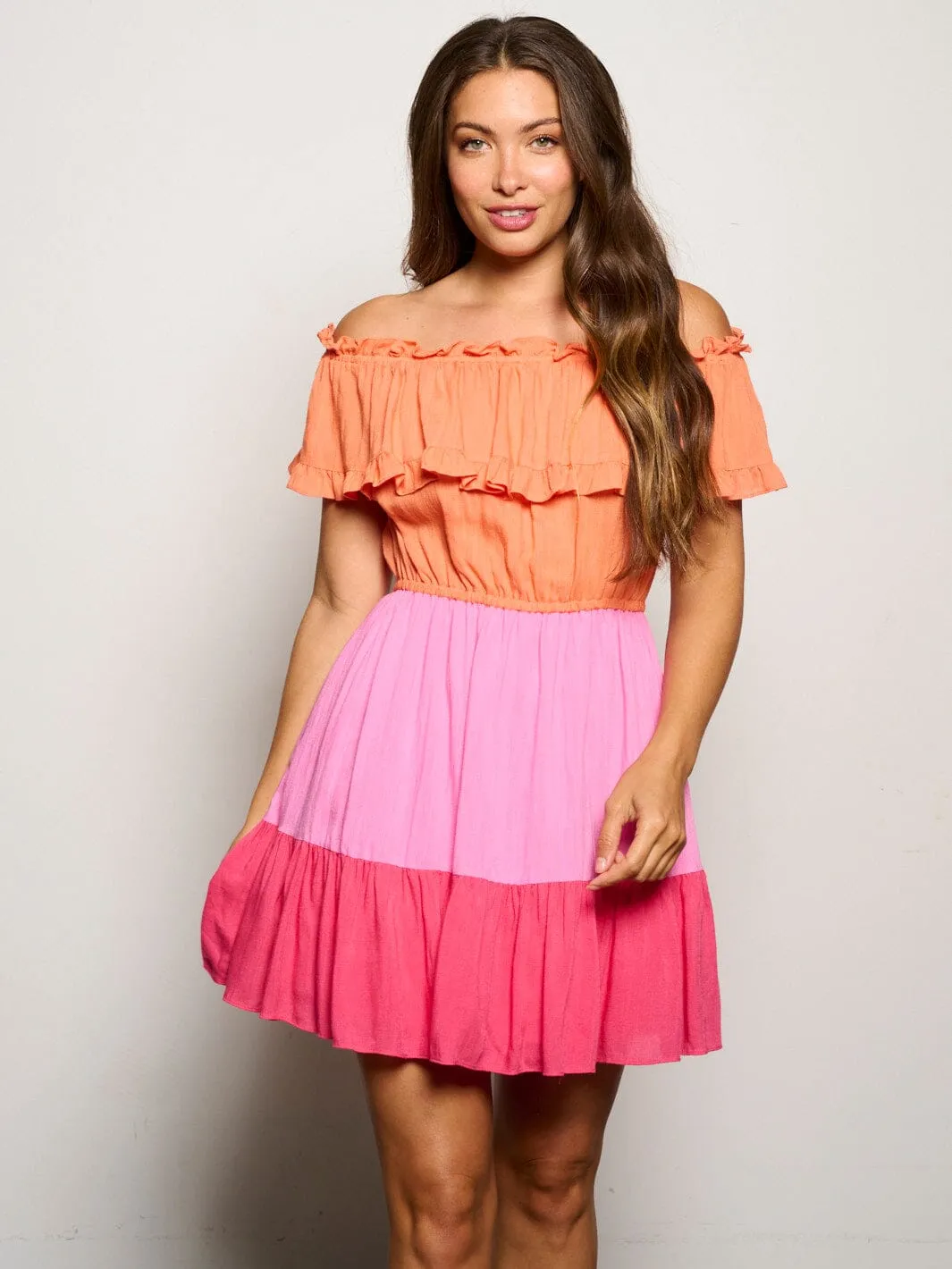 WOMEN'S OFF SHOULDER ELASTIC WAIST COLORBLOCK TIERED MINI DRESS