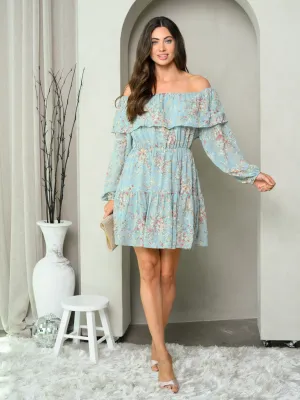 WOMEN'S OFF SHOULDER RUFFLE LONG SLEEVE FLORAL MINI DRESS