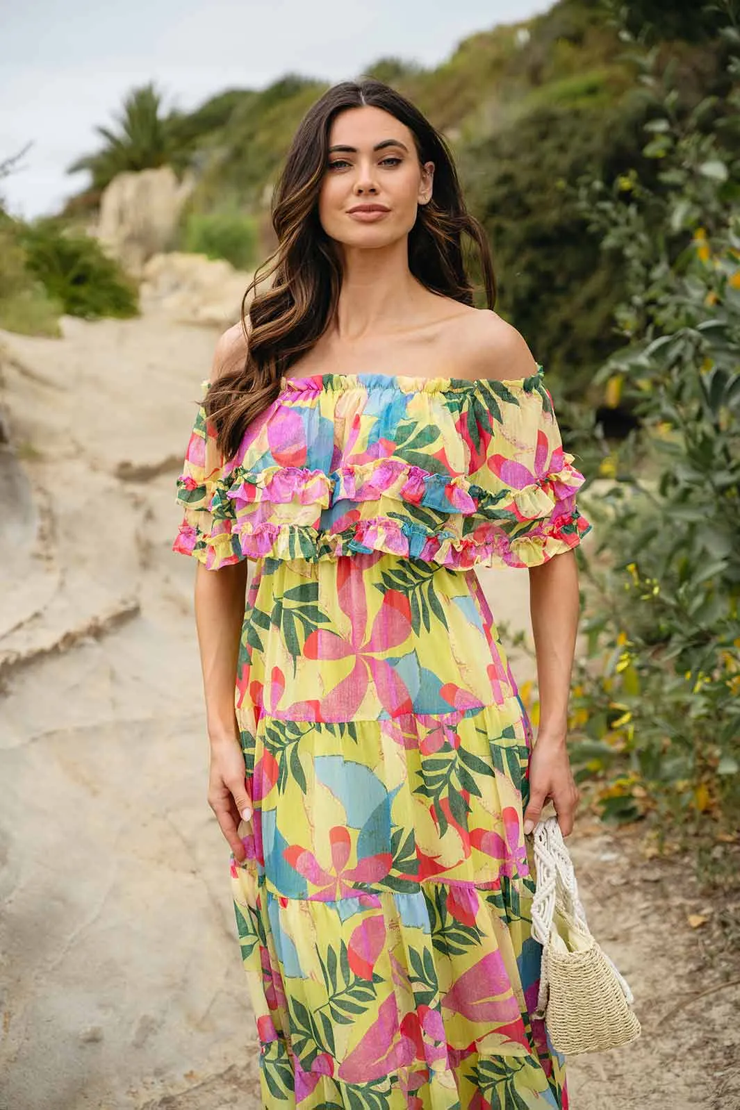 WOMEN'S OFF SHOULDER RUFFLE TIERED FLORAL MAXI DRESS