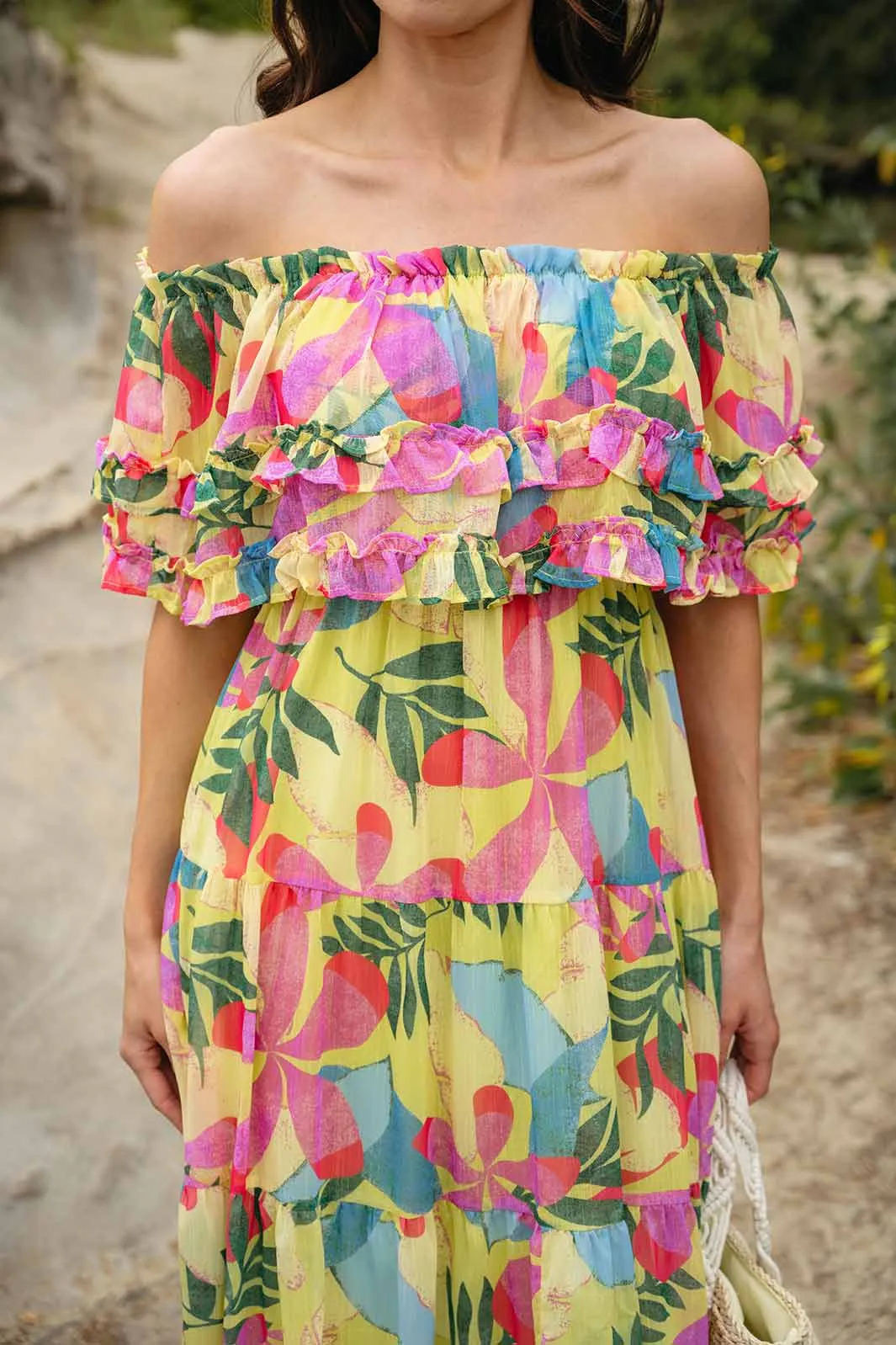 WOMEN'S OFF SHOULDER RUFFLE TIERED FLORAL MAXI DRESS