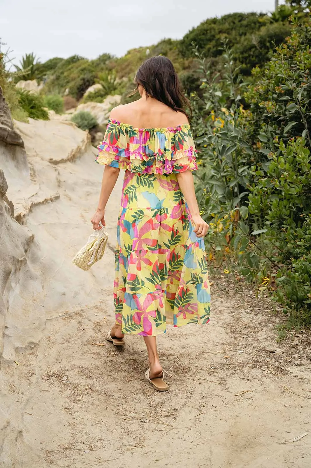 WOMEN'S OFF SHOULDER RUFFLE TIERED FLORAL MAXI DRESS