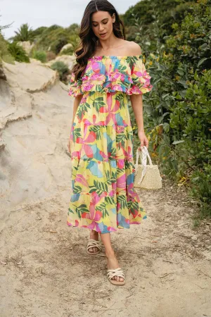WOMEN'S OFF SHOULDER RUFFLE TIERED FLORAL MAXI DRESS