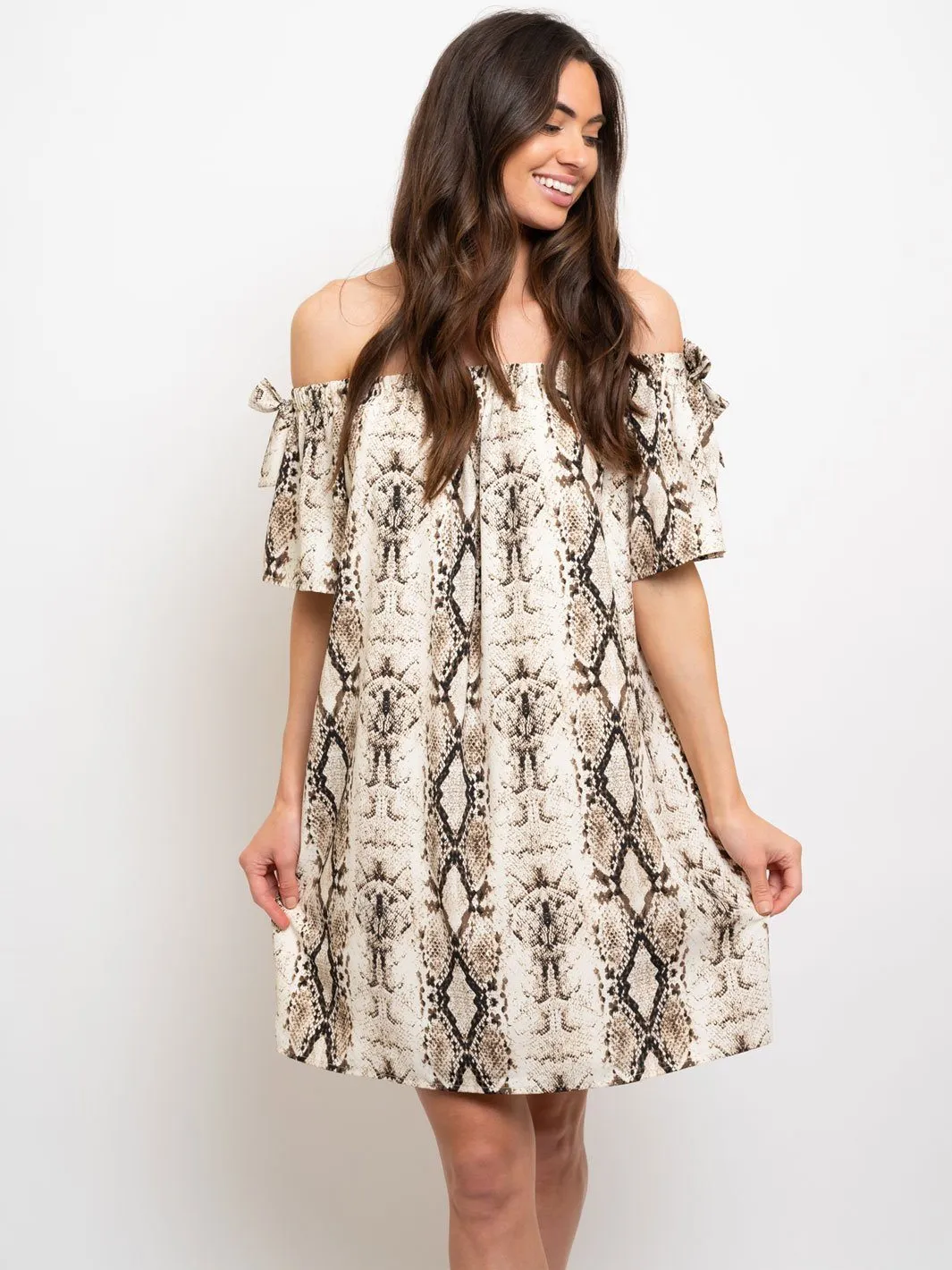WOMEN'S OFF THE SHOULDER ANIMAL PRINT MIDI DRESS