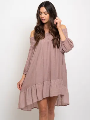 WOMEN'S RUFFLE SMOCKING DETAIL OFF SHOULDER DRESS