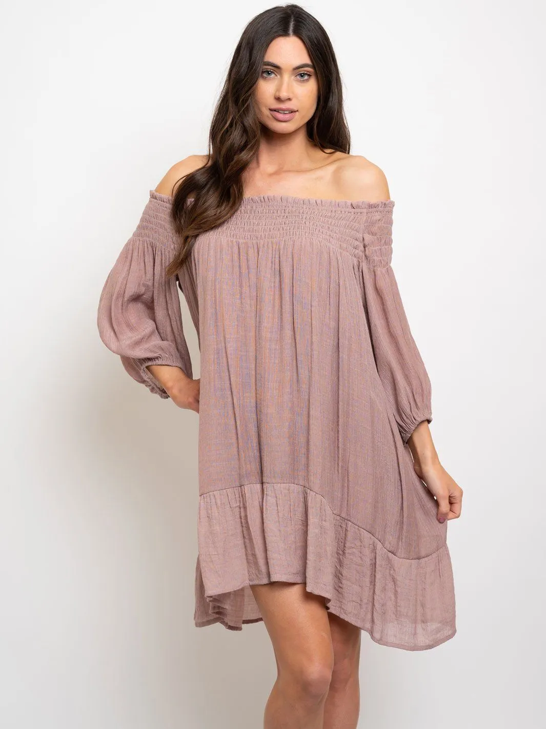 WOMEN'S RUFFLE SMOCKING DETAIL OFF SHOULDER DRESS