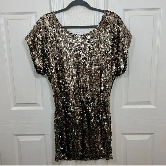Y2K Arden B Gold Sequin Mini Dress Drape Top Bodycon Skirt Dolman Sleeve Size S