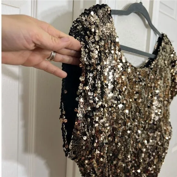 Y2K Arden B Gold Sequin Mini Dress Drape Top Bodycon Skirt Dolman Sleeve Size S