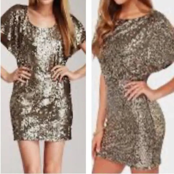 Y2K Arden B Gold Sequin Mini Dress Drape Top Bodycon Skirt Dolman Sleeve Size S