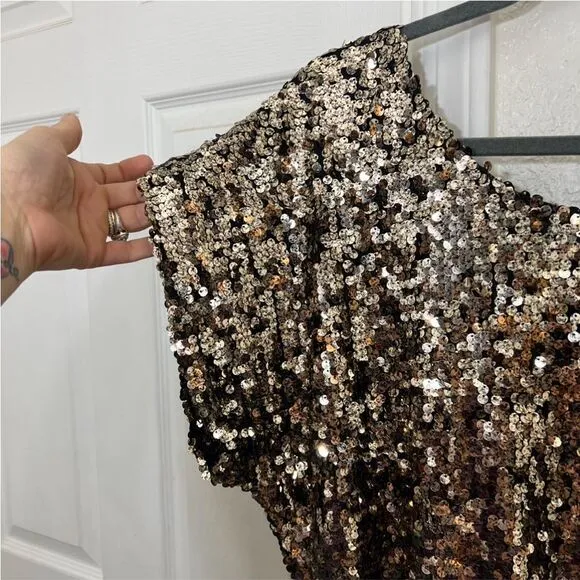 Y2K Arden B Gold Sequin Mini Dress Drape Top Bodycon Skirt Dolman Sleeve Size S