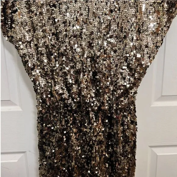 Y2K Arden B Gold Sequin Mini Dress Drape Top Bodycon Skirt Dolman Sleeve Size S