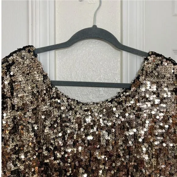 Y2K Arden B Gold Sequin Mini Dress Drape Top Bodycon Skirt Dolman Sleeve Size S
