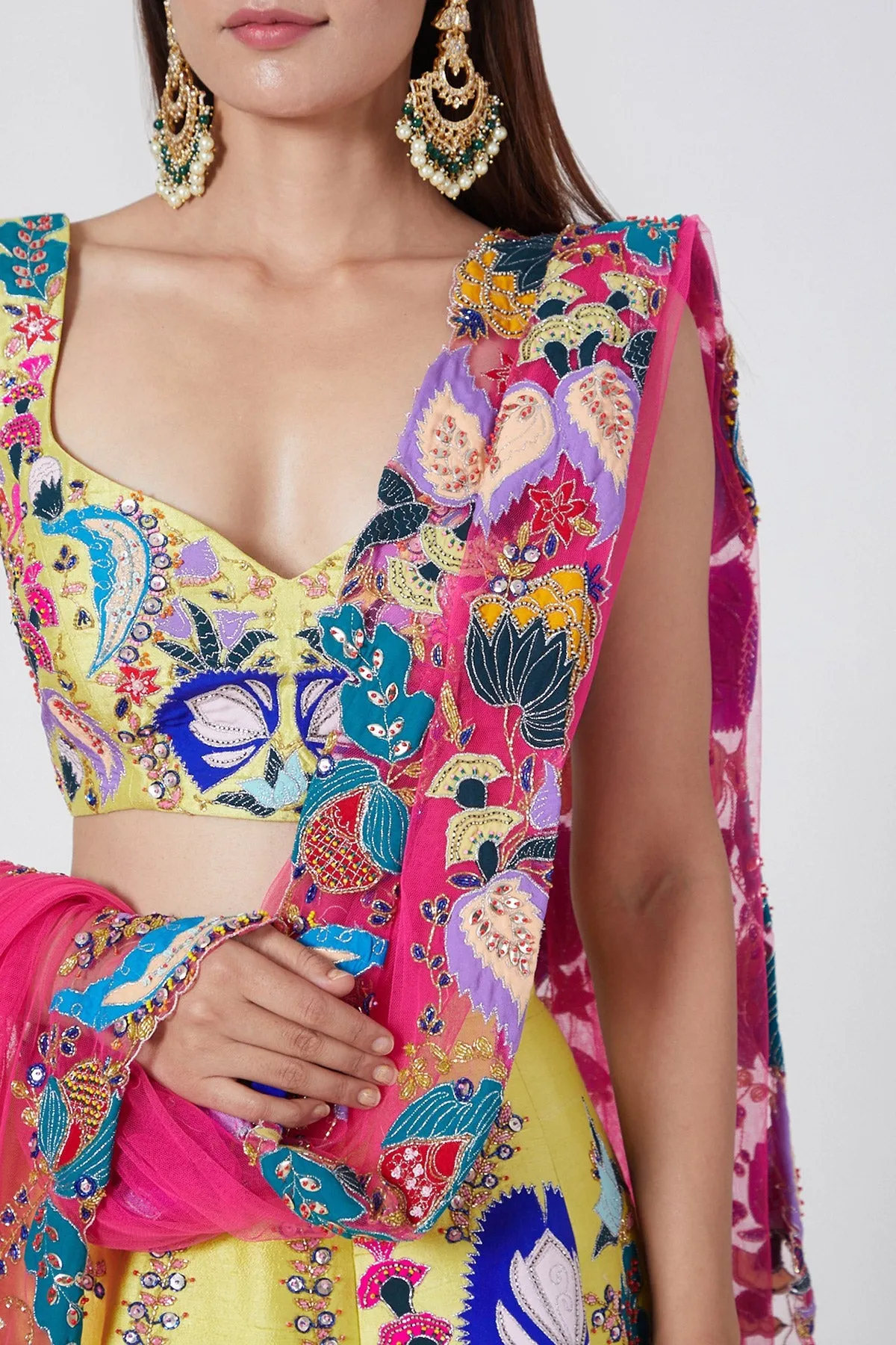 Yellow Nadenka Raw Silk Appliquéd And Embellished Lehenga With Blouse And Cutwork Tulle Dupatta