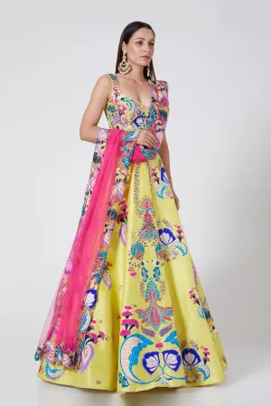 Yellow Nadenka Raw Silk Appliquéd And Embellished Lehenga With Blouse And Cutwork Tulle Dupatta