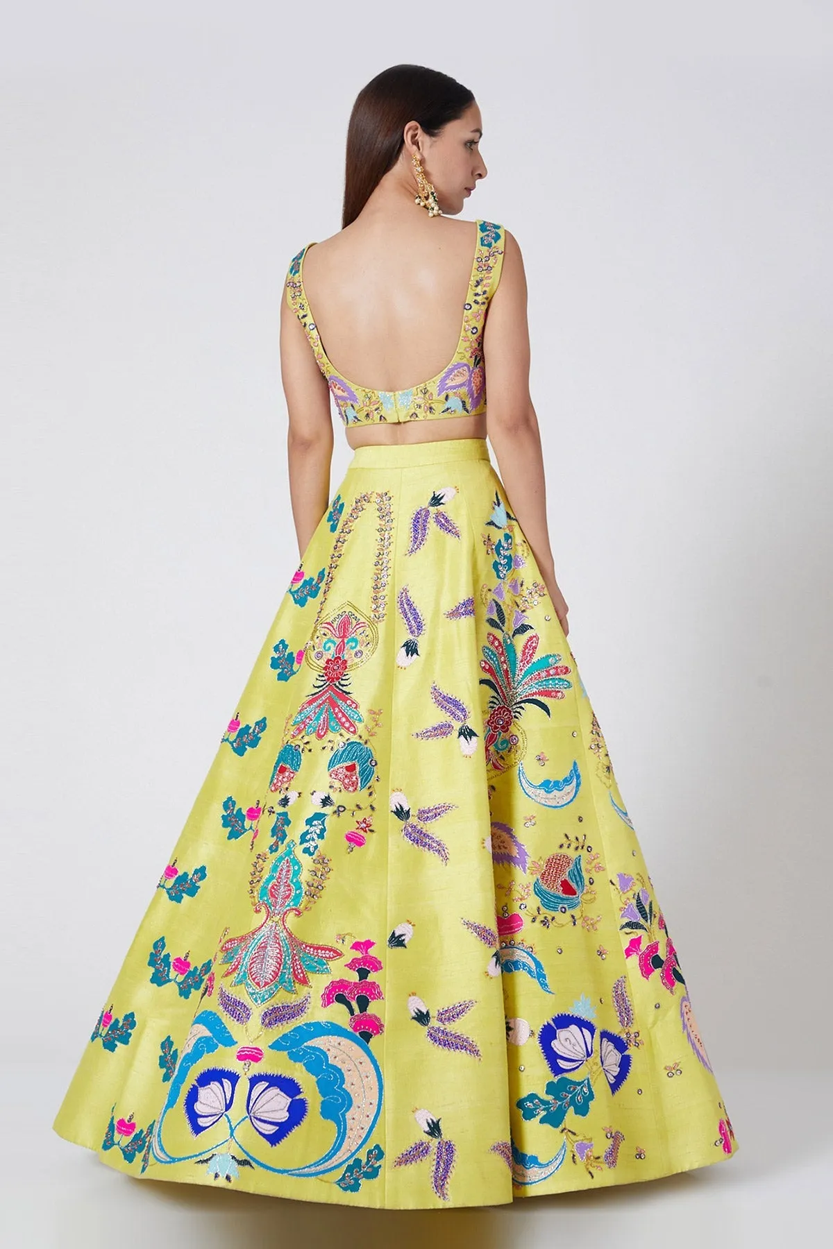 Yellow Nadenka Raw Silk Appliquéd And Embellished Lehenga With Blouse And Cutwork Tulle Dupatta