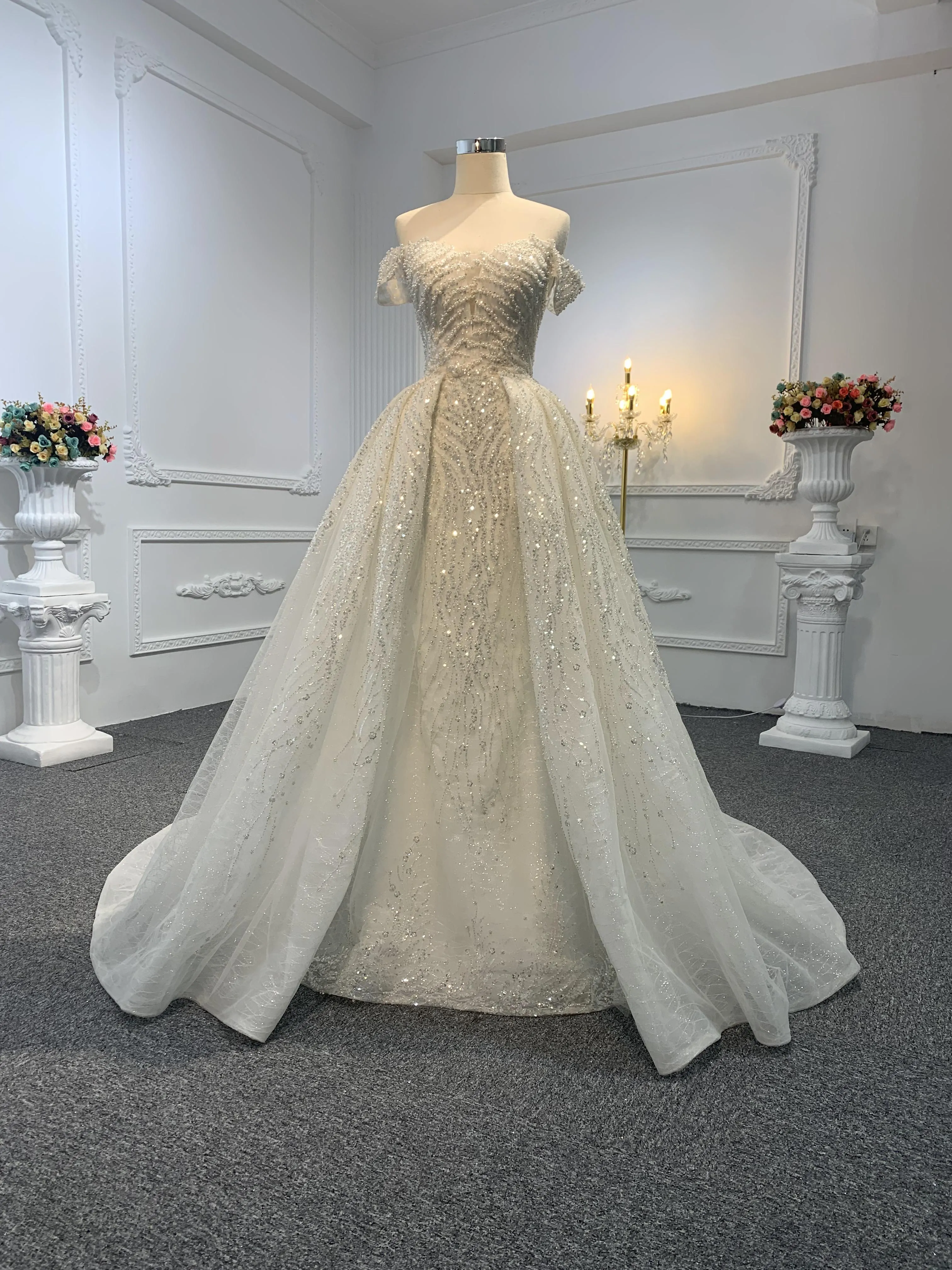 Z016-Off White Beading A-line Wedding Gown With Removable Sweep