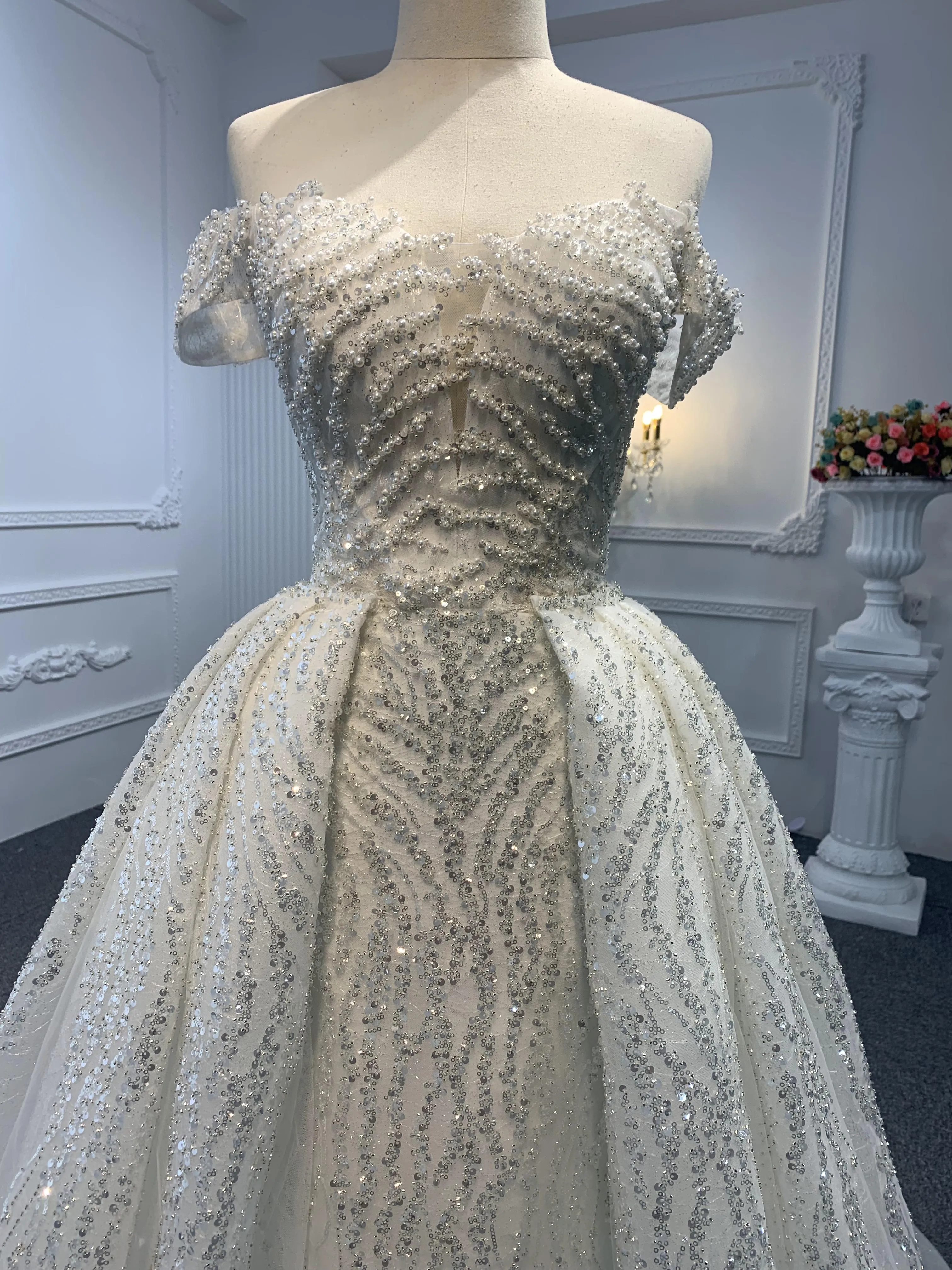 Z016-Off White Beading A-line Wedding Gown With Removable Sweep