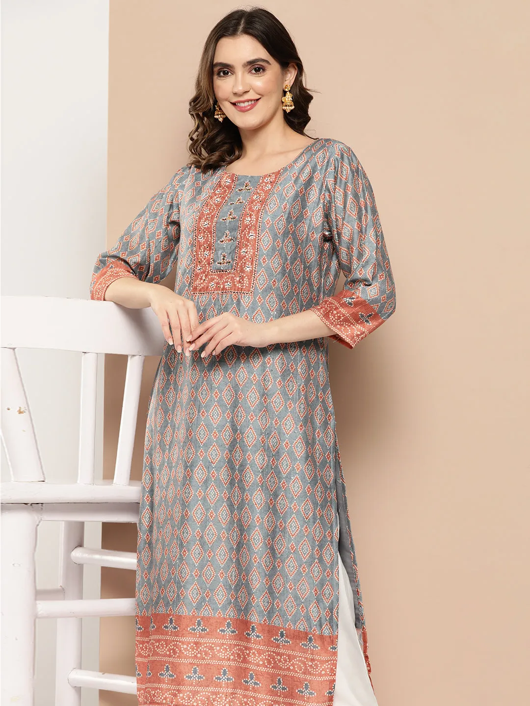 ZOLA Round Neck Muslin All over Geometric Bandhani Print Calf Length Blue Straight Kurta For Women
