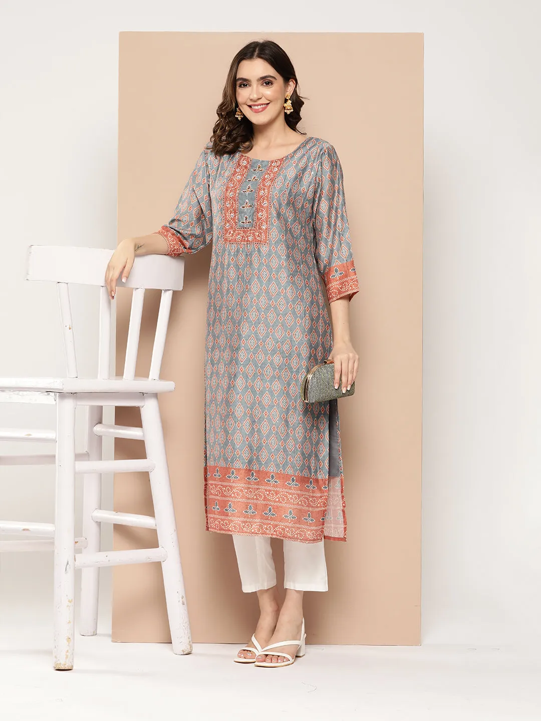 ZOLA Round Neck Muslin All over Geometric Bandhani Print Calf Length Blue Straight Kurta For Women