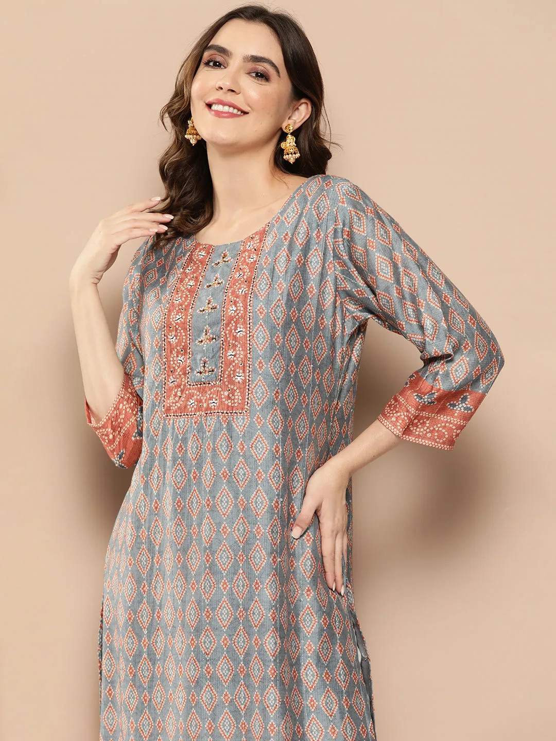 ZOLA Round Neck Muslin All over Geometric Bandhani Print Calf Length Blue Straight Kurta For Women