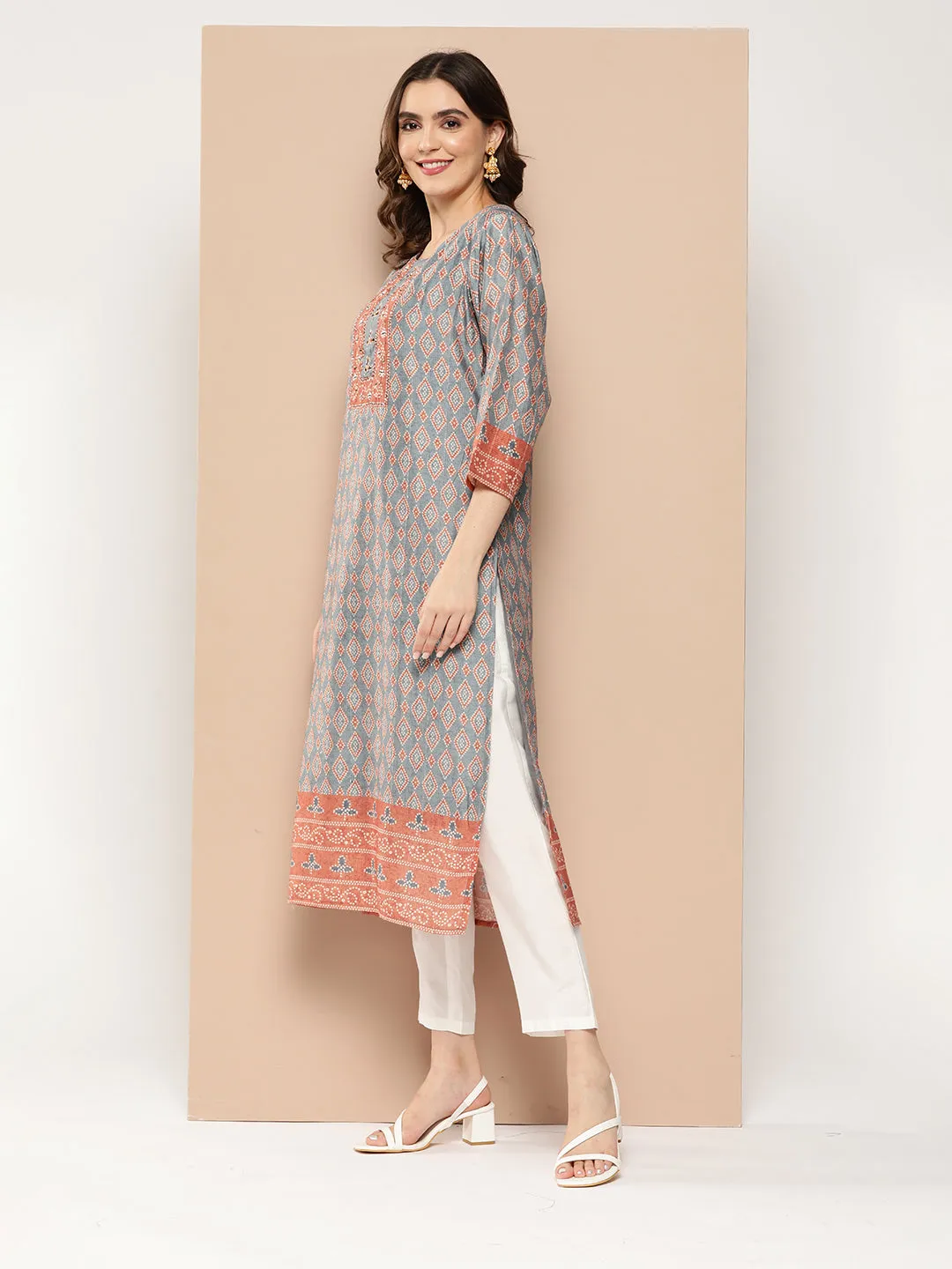 ZOLA Round Neck Muslin All over Geometric Bandhani Print Calf Length Blue Straight Kurta For Women