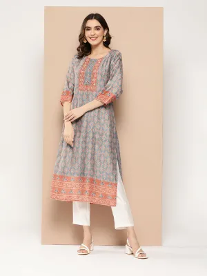 ZOLA Round Neck Muslin All over Geometric Bandhani Print Calf Length Blue Straight Kurta For Women