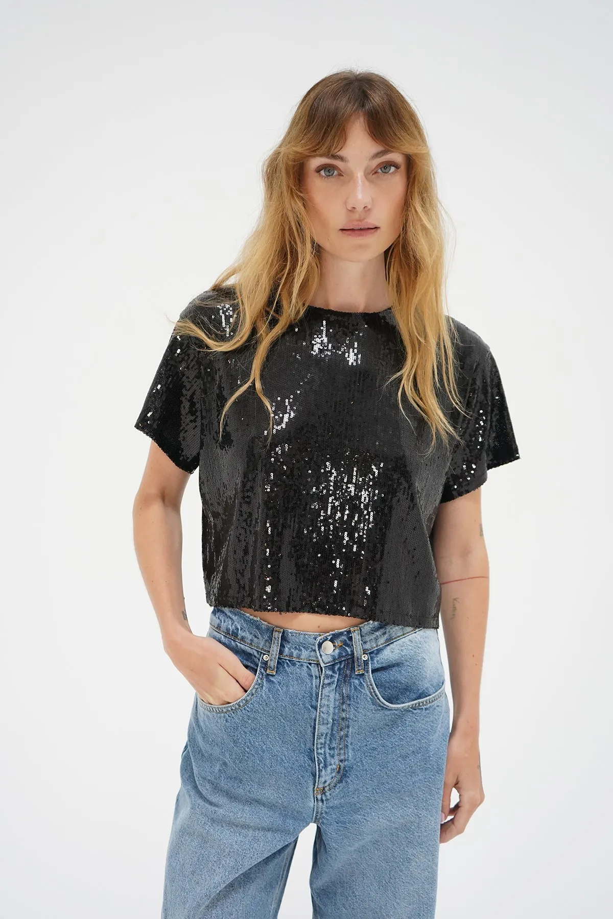 Zosia Sequin T-Shirt - Black Sequin